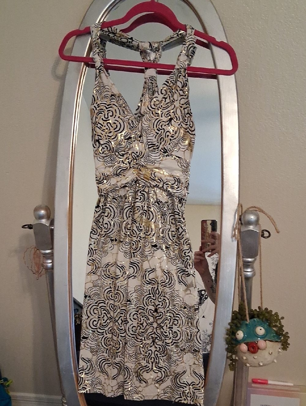 India Boutique White One-Shoulder Dress with Black Swirl and Gold Accents